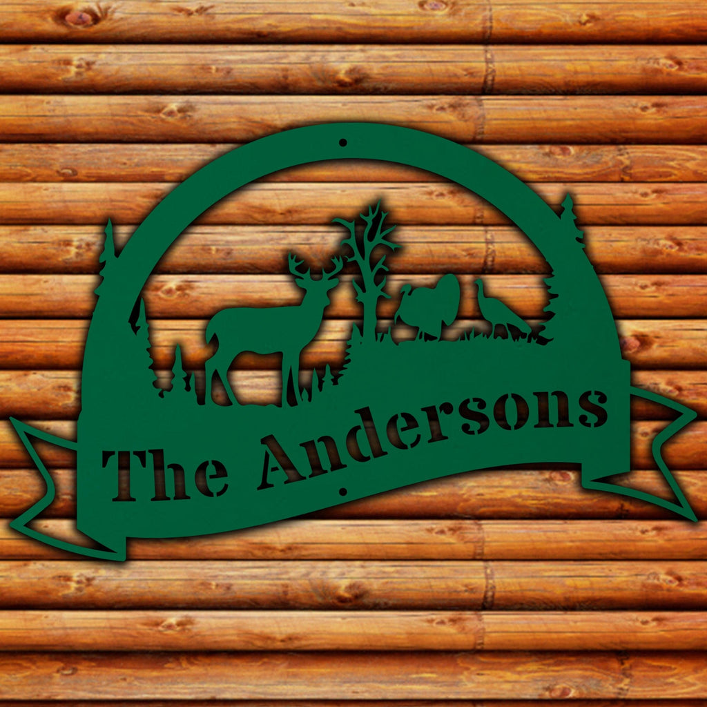 Great Outdoors Halfmoon Deer and Turkey Personalized Metal Sign